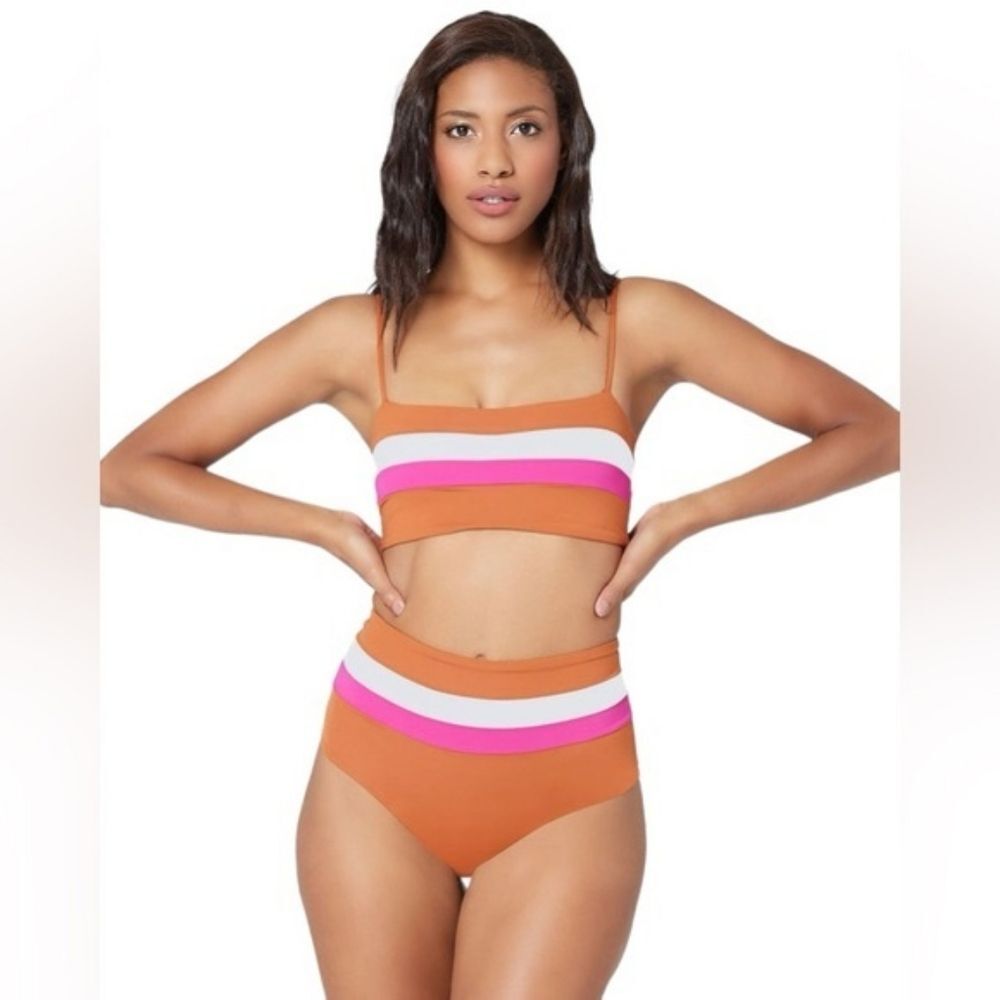 L*Space Rebel Stripe Bikini Top Portia Stripe Bottom Sz S Pink Brown White NWOT